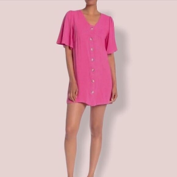 Good luck gem Dress Womens Size Small pink linen blend Button Up Mini Barbie - Picture 1 of 9